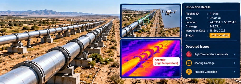 Illustrative pipeline corridor, drone inspection imagery and inspection details dashboard