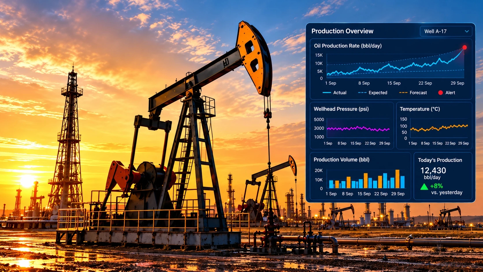 Illustrative oil production site and production overview dashboard
